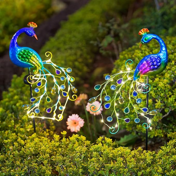 DREAMSOUL 2 Pack Peacock Solar Lights Outdoor, Waterproof Metal Peacock Outdoor Solar Lights for Yards Pathway Lawn Decoration Peacock Gifts-VerdiqueGarden