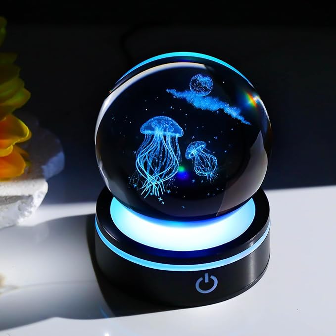 YWHL 3D Crystal Ball Moon Jellyfish Figurine with Colorful LED Base Laser Jellyfish Gifts for Women Men on Christmas Birthday Glass Jellyfish Statue Decorative Ball Night Light for Home Decor (80mm)-VerdiqueGarden