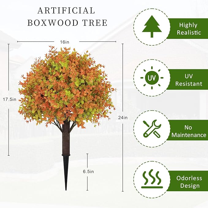 24" Fall Plants Artificial Boxwood Topiary Trees, UV Resistant Faux Bushes with Ground Spike, Fake Shrubs for Outdoor Planters, Front Porch, Patio, Yard Decor Set of 2-VerdiqueGarden