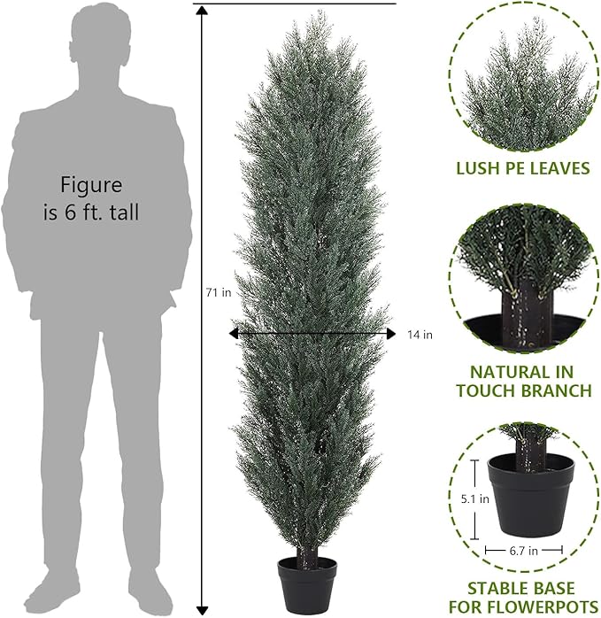 THE BLOOM TIMES 6ft Tall Topiary Trees Artificial Outdoor – UV Resistant Faux Cedar Pine Cypress Bushes and Shrubs, Fake Potted Plants for Front Porch Outside Planter Patio Decor, Set of 2 (6 Foot)-VerdiqueGarden