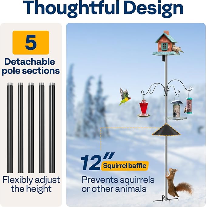 VIVOHOME 92 Inch Bird Feeder Pole with Squirrel Baffle and 4 Hooks, Outdoor Bird House Pole Mount Kit with 5 Prong, Heavy Duty Adjustable Bird Feeder Stand-VerdiqueGarden