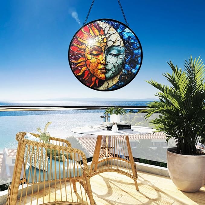 Sun and Moon Decor Suncatcher Stained Glass Window Hanging - Wall Art Stained Glass Suncatchers for Windows Hanging - Home Sun Catchers Indoor Window with Chain - Celestial Decor Gifts for Women Mom-VerdiqueGarden