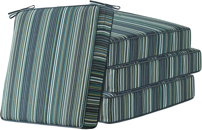 Sunbrella Square Corner Seat Cushions, 19" x 19" x 3", Set of 4, Indoor Outdoor Water Repellent Universal Chair Pads with Ties for Patio Furniture, Garden Deck Dining Chairs, Beach Stripe Lagoon-VerdiqueGarden