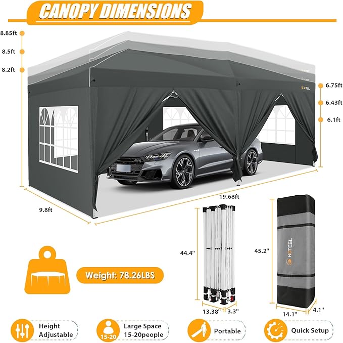 HOTEEL 10x20 Pop up Canopy with 6 Sidewalls, One Push Instant Setup Outdoor Canopy Tent with Reinforce Rod, Weight Bag, for Parties, Events, Gray-VerdiqueGarden
