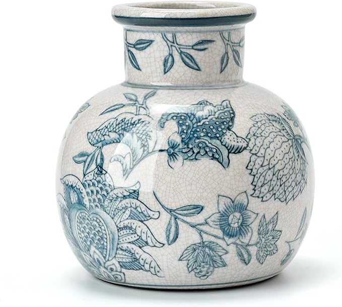 SIDUCAL Blue and White Vintage Vase | 6 Inch Ceramic Chinoiserie Floral | Retro Ice Cracked Blue and White Porcelain Vase for Table, Living Room, Bathroom Decoration, Wedding, Shelf Decor, Mantel-VerdiqueGarden