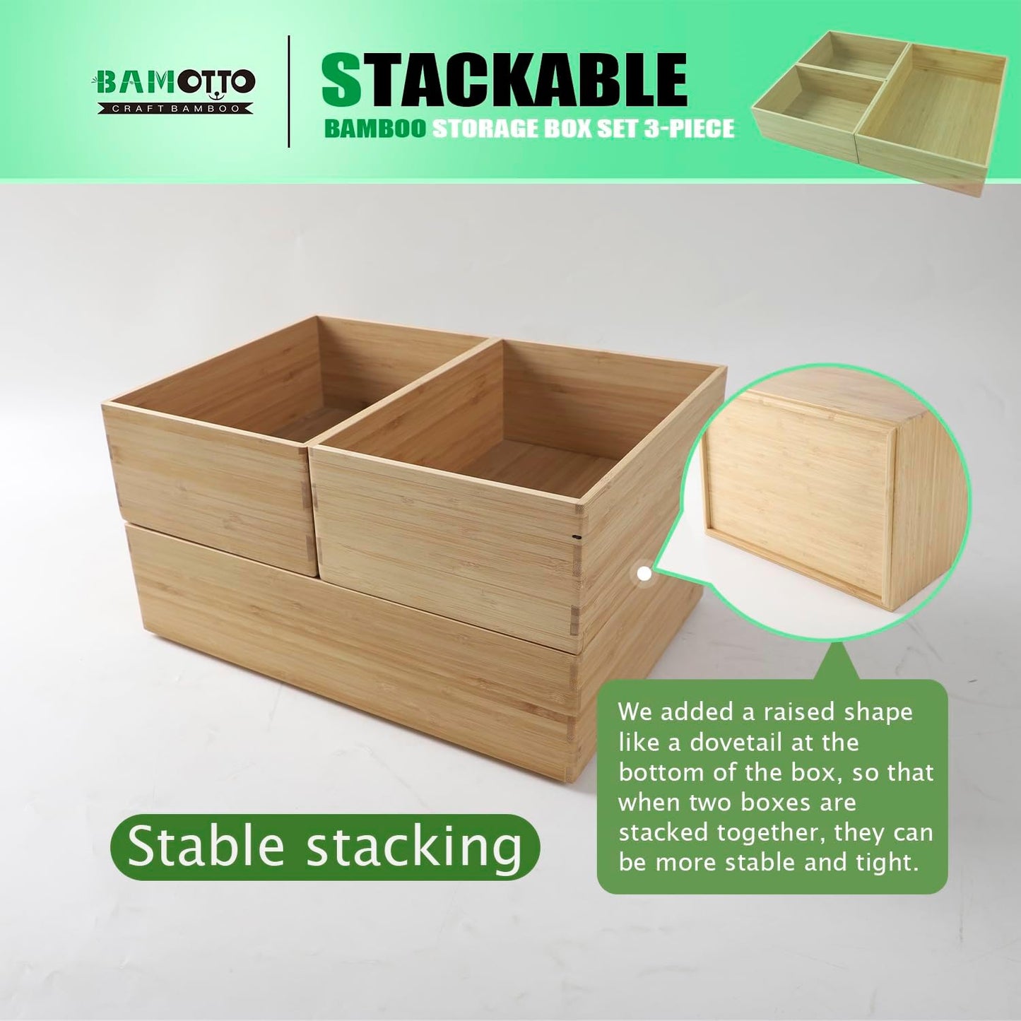3-Piece Large Bamboo Storage Box Set, 3.1 in High Stackable Deep-Drawer Organizer for Kitchen Cutlery, Cookware, Utensils & Knives, Exquisite Durable Lidless Wooden Bin (14.6"x10.2"*1+10.2"x7.3"*2)-VerdiqueGarden