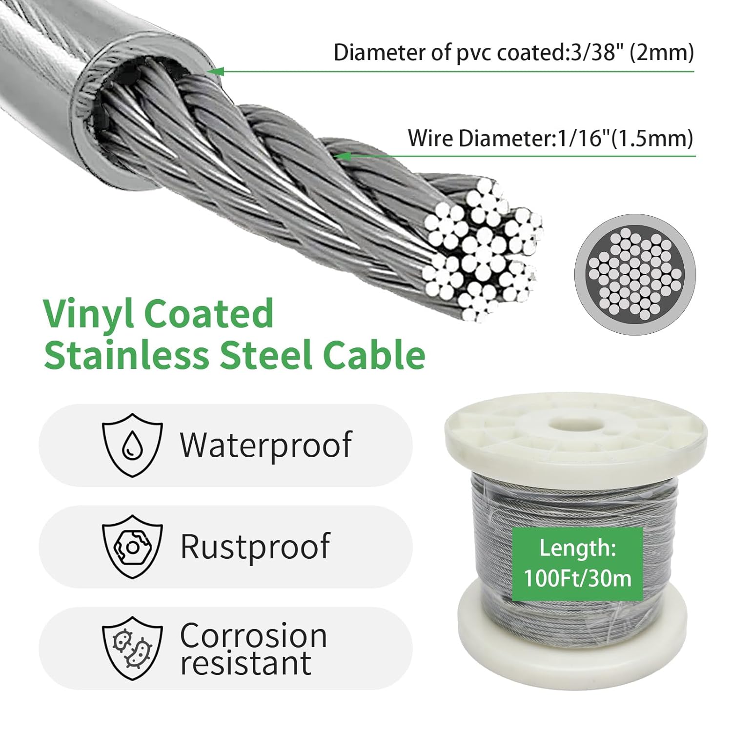 3/38" Wire Cable Rope Kit ，Vinyl Coated 304 Stainless Steel Wire – 100FT 7x7 Strand Cable with Turnbuckles，String Lights Hanging Kit for Outdoor, Garden,Patio, Crafts, Hanging Lights-VerdiqueGarden