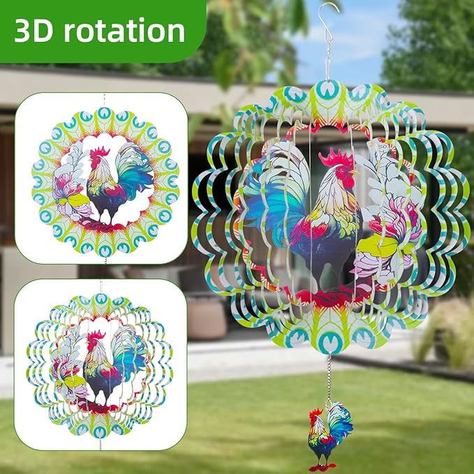 Wind Spinners Outdoor, FACIACC Rooster Metal 3D Hanging Garden Decor, 12-inch Stainless Steel Wind Spinner with Tail Spinner, Wind Sculptures for Indoor Patio Lawn Yard, Ornament Gift for Women/Men-VerdiqueGarden