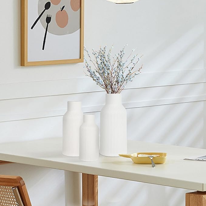 Ceramic Vase Set of 3, White Vase for Modern Home Decor, Decorative Vases for Bouquet Pampas Grass Dried Flowers, Living Room, Bedroom, Bathroom, Shelf Centerpiece Table Decorations-VerdiqueGarden