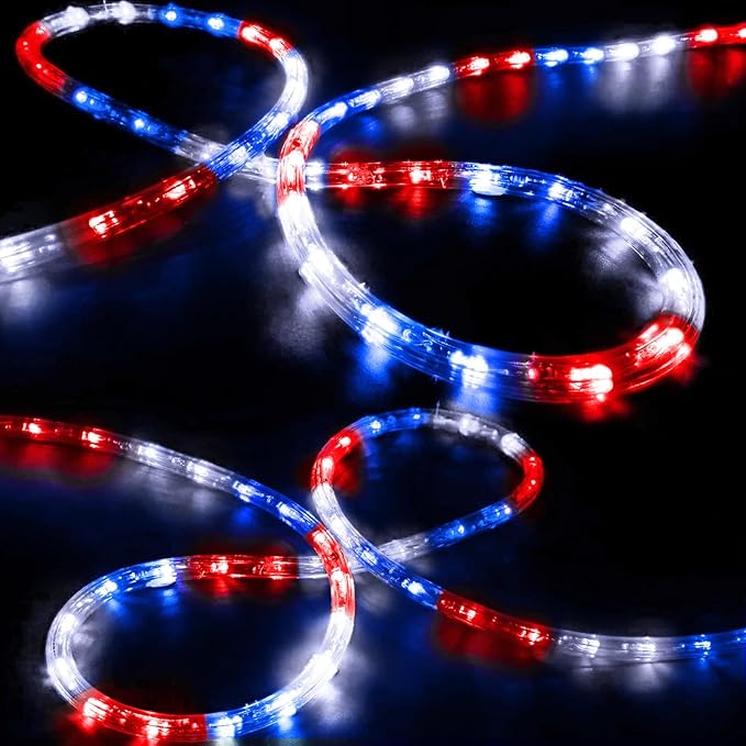 100ft LED Rope Lights Outdoor, 720 LED Connectable & Flexible Tube Lights with 8 Modes, Waterproof LED Rope Lighting for Independence Flag Day, Memorial Day, Outdoor,Indoor Decor (Red & White & Blue)-VerdiqueGarden