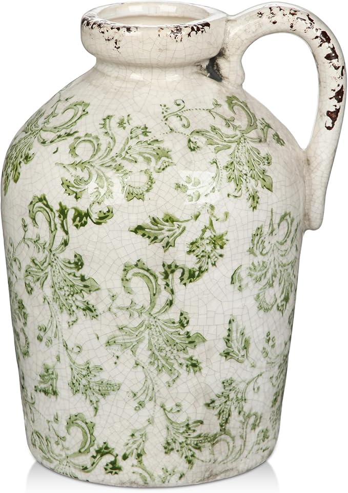 Ceramic Rustic Farmhouse Vase, 9 inch Ceramic Green and White Vase for Centerpieces Pampas Grass Pottery Jug with Handle Boho Chinoiserie Decor Vintage Vases for Living Room Kitchen Dinner Table Shelf-VerdiqueGarden