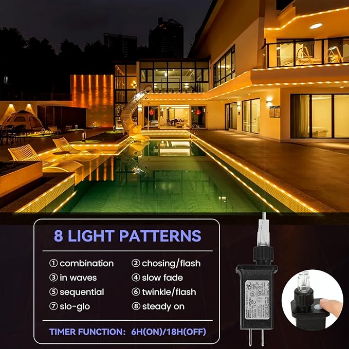 184FT 1000LED Rope Lights Outdoor, Outside LED Rope Lights Plug in String Lights Waterproof 8 Modes Clear Tube Lights for RV Camping Pool Patio Garden Christmas Tree Holiday Decoration(Warm White)-VerdiqueGarden