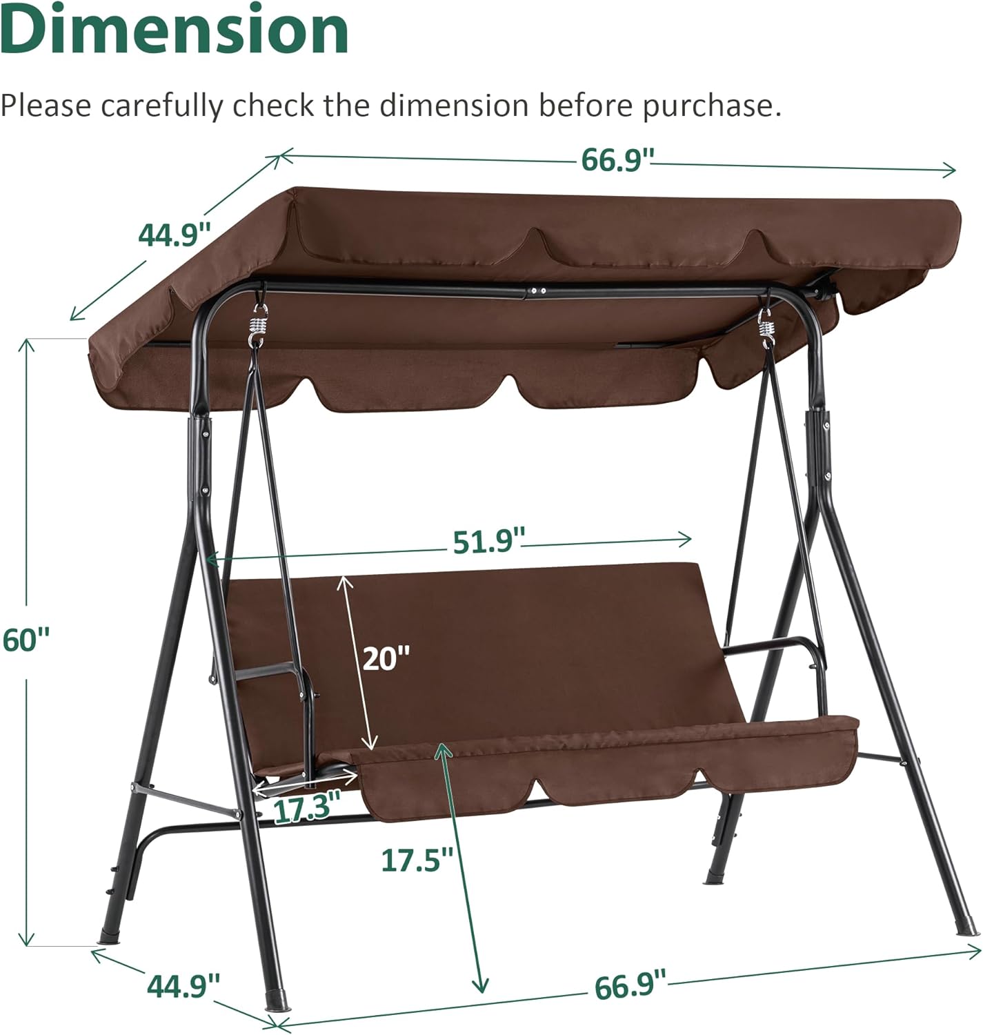 MCombo 2-3 Person Outdoor Patio Swing Chair, Convertible Canopy Hanging Swing Glider Lounge Chair, Removable Cushions, 4003 (Brown)-VerdiqueGarden