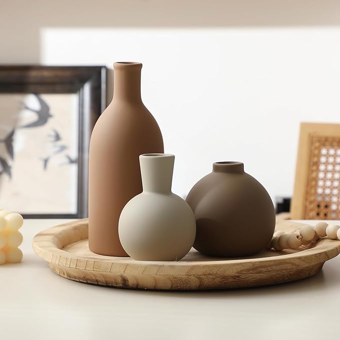Ceramic Vase Set of 3, Vases Home Decor Rustic Farmhouse Decorative Vase Pottery Vases for Bouquet Pampas Grass Dried Fresh Flowers, Table Living Room Kitchen Bedroom Bathroom - Brown-VerdiqueGarden