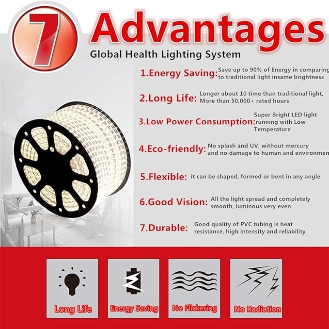 5050-60 Type AC 110-120V RGB LED Strip Lights, Flexible/Waterproof/Dimmable/Multi-Colors/Multi-Modes LED Rope Light + 24 Keys Remote for Home/Garden/Building Decoration (65.6ft/20m, RGB)-VerdiqueGarden