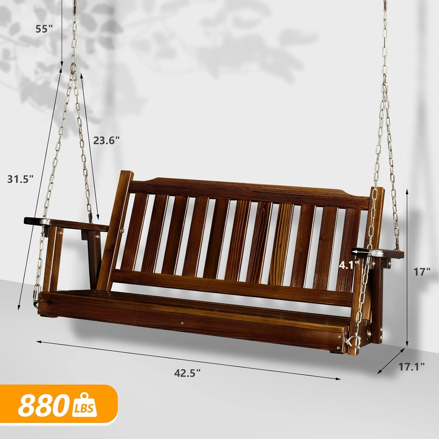 VINGLI Heavy Duty 880 LBS 4 FT Outdoor Porch Swing, Patio Hanging Swing Bench for Yard, Rustic-VerdiqueGarden