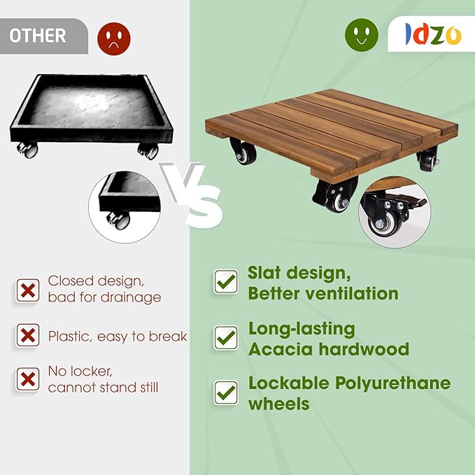 Idzo 2-Pack 12 Inch Acacia Wood Rolling Square Plant Caddy for Plant Pots, Heavy Duty Plant Stand with 360° Lockable Wheels, 264 lbs Capacity Caddy for Indoor and Outdoor Use, Natural Wood-VerdiqueGarden