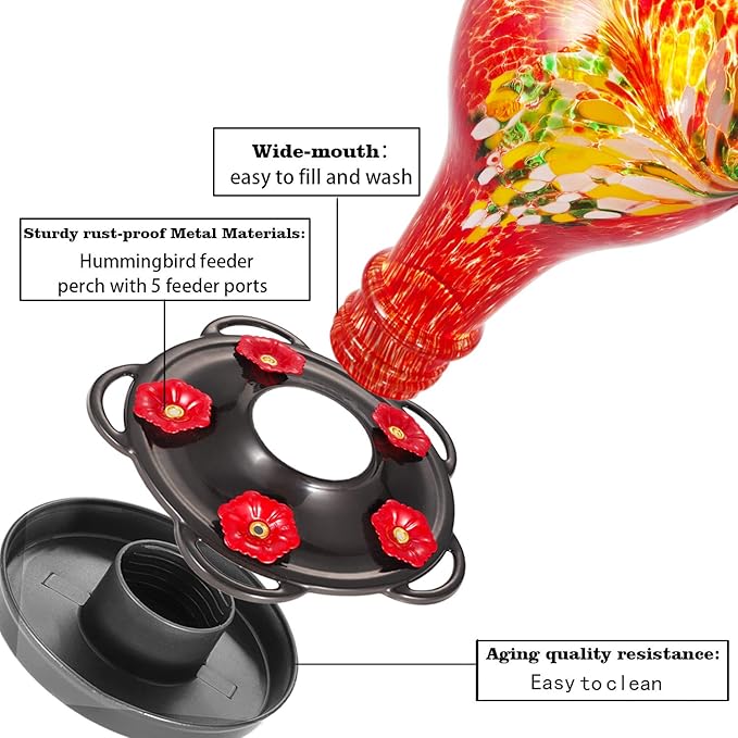 LUJII Hummingbird Feeders for Outdoors, Hand Blown Glass, Never Fade, 36 Fluid Ounces, 5 Feeding Stations, Much Bigger, Garden Backyard Decorative, Containing Ant Moat (Red)-VerdiqueGarden