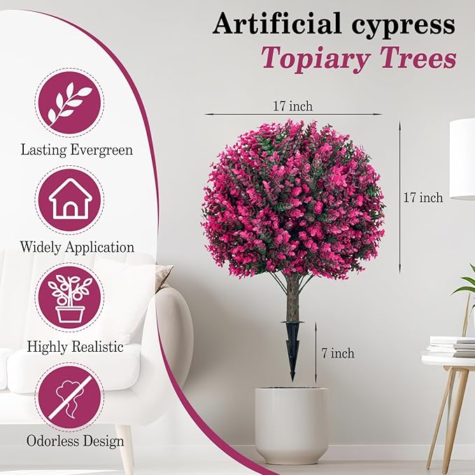 Artificial Topiary Tree with Pink Eucalyptus, Set of 2-17in UV Resistant Fake Evergreen Tree for Porch, Outdoor Artificial Plants for Planters - Ground Spike Included FZHCZWZX-VerdiqueGarden