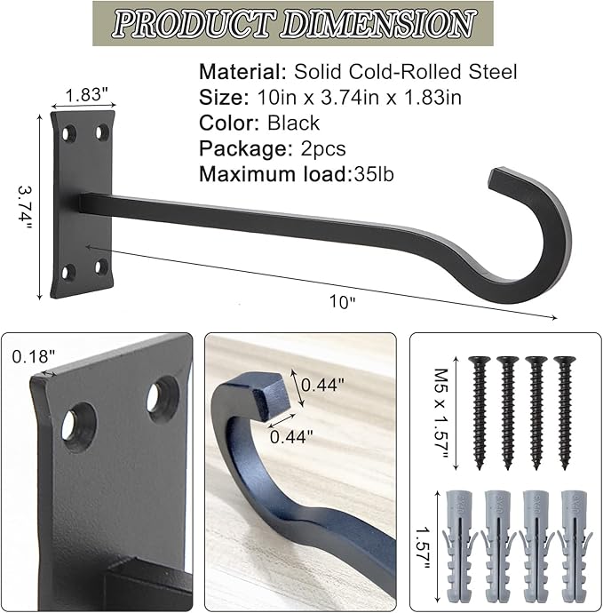 10inch Heavy Duty Plant Hangers Outdoor or Indoor Bird Feeder Hanger Shepherd Hooks 2pcs Black Metal Wall Hook for Hanging Plant Bracket, Lantern, Flower Basket, Wind Chimes-VerdiqueGarden