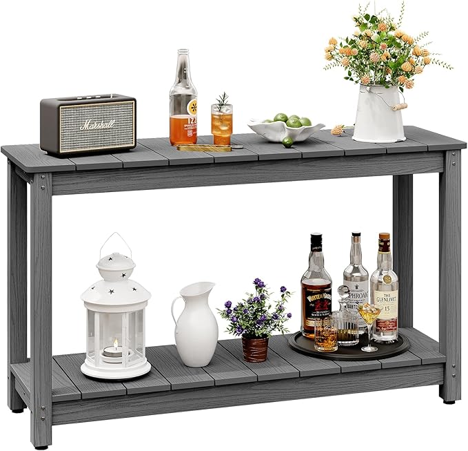 Outdoor Console Table, 48" Weather Resistant HIPS Patio Side Table, 440LBS Weight Capacity, 2-Tier Multifunctional Buffet Bar Storage Organizer for Garden Deck, Gray-VerdiqueGarden
