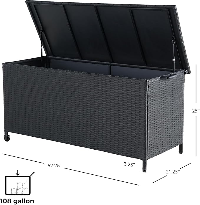 Grand patio 108 Gallon Deck Storage Box Indoor Outdoor Wicker Bin for Patio Furniture Cushions Garden Tools Pool Accessories, Black-VerdiqueGarden