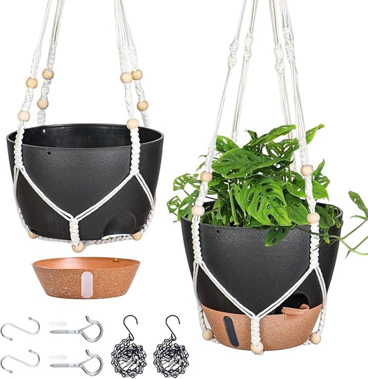 10 Inch Hanging Planters for Indoor Plants, 2 Pack Self Watering Hanging Baskets Flower Pots with Drainage Hole, Visual Reservoir & 2 Kinds of Plant Hanger for Outdoor Garden Home Decor（Black）-VerdiqueGarden
