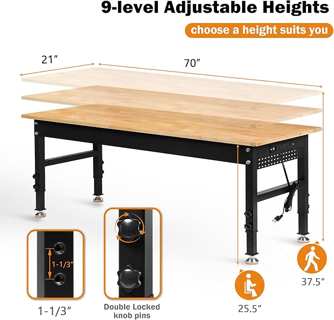 70" Adjustable Height Workbench, 2000 LBS Heavy Duty Work Table with Power Outlets & Pegboard, Rubber Wood Workstation for Garage, Workshop, Office, Home, Commercial-VerdiqueGarden