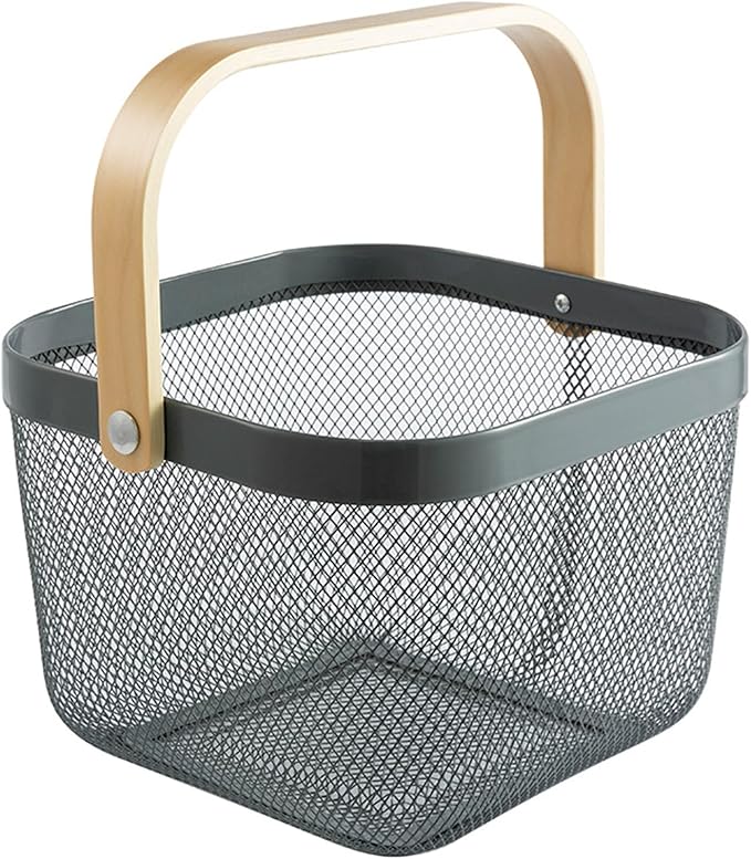 Metal Mesh Steel Basket, Storage Organizer Basket Multi-functional Hanging Kitchen Baskets Fruit Basket with Wooden Handle for Kitchen Bathroom Picnic Shopping Decor Cabinet Home, Grey-VerdiqueGarden