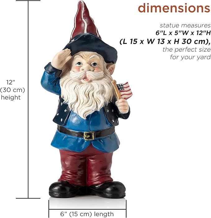 Alpine Corporation 12" Tall Outdoor Patriotic Garden Gnome Saluting Yard Statue Decoration-VerdiqueGarden