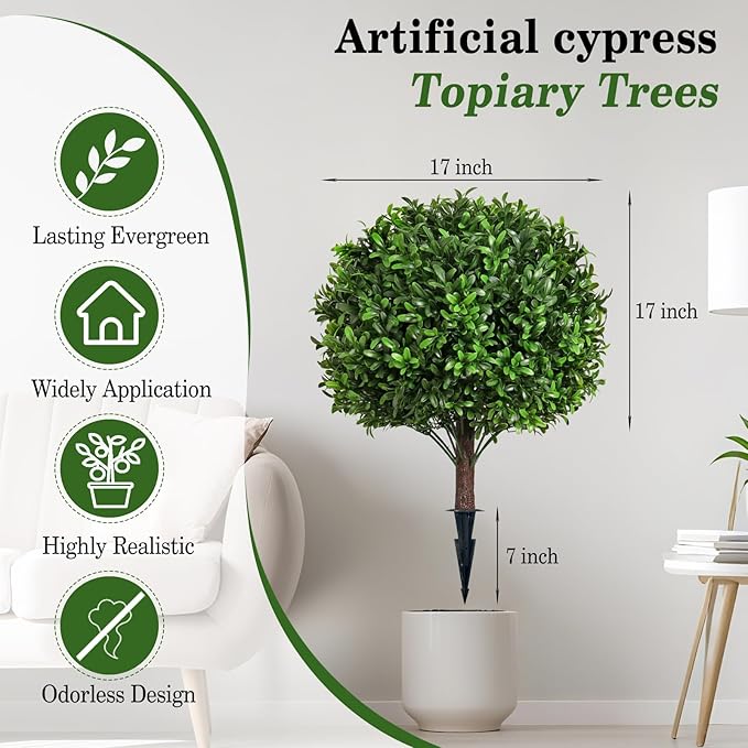 Artificial Olive Leaf Boxwood Topiary Ball Trees, Set of 2 UV Resistant 16in Outdoor Plants – Artificial Bonsai, Miniature Trees, Garden, Curb Appeal-VerdiqueGarden