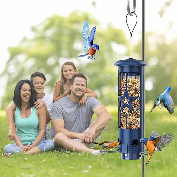 Squirrel Proof Bird Feeders for Outdoors Hanging, Metal Squirrel Proof Bird Feeder with Gravity Protection, 3LB Large Capacity Wild Bird Feeders for Outside Finch, Cardinal, Blue Jay (Blue)-VerdiqueGarden