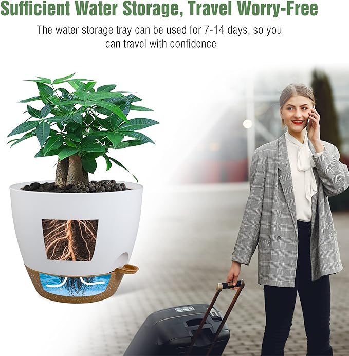 12 inch Large Self Watering Pots, Plastic Planters with 60oZ Removable Deep Reservoir and Multi Mesh Drainage Holes for Indoor Outdoor Garden Plants and Flowers, White with Brown-VerdiqueGarden