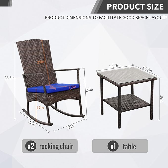 Outdoor Rocking Chairs Set - 3 High-Backed Patio Rockers with Bistro Table & Anti-Slip Cushions, Dark Blue-VerdiqueGarden