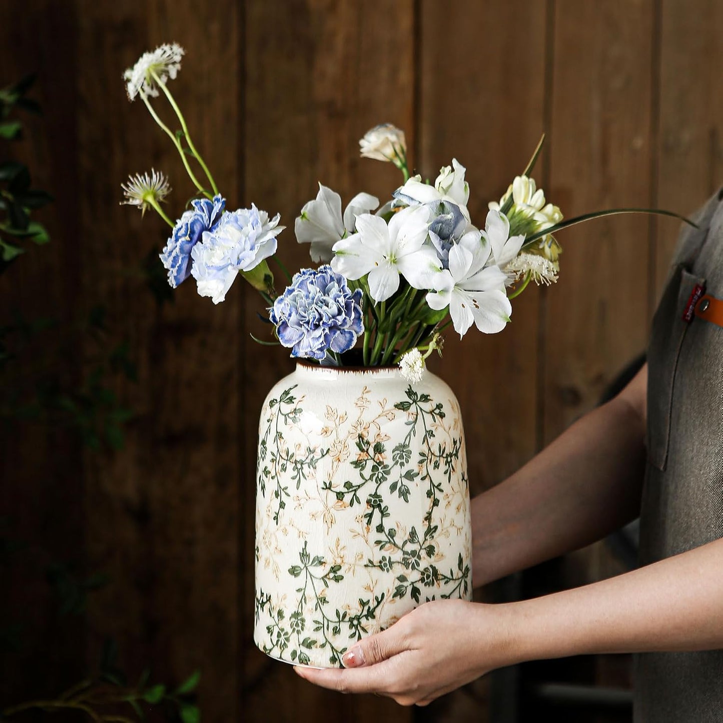 Green Vintage Vase, Chinoiserie Floral Vases, Retro Ice Cracked Ceramic Large Vases for Home Decors, Living Room, Bookshelf, Office, Grand Millennial Decor, Chinoiserie Decors, Tuscan Decor 7.8 Inch-VerdiqueGarden