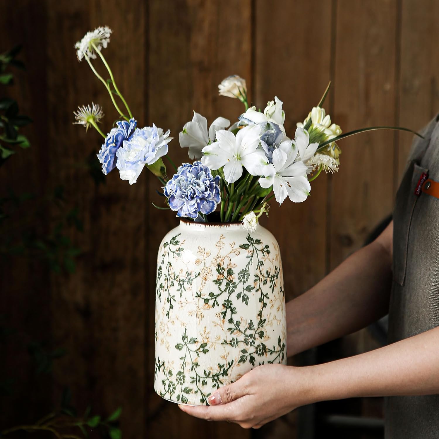 Green Vintage Vase, Chinoiserie Floral Vases, Retro Ice Cracked Ceramic Large Vases for Home Decors, Living Room, Bookshelf, Office, Grand Millennial Decor, Chinoiserie Decors, Tuscan Decor 7.8 Inch-VerdiqueGarden