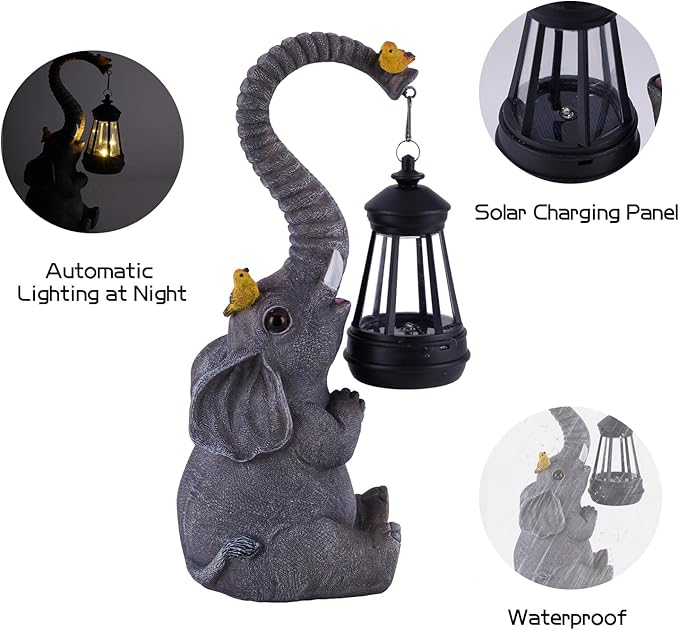 Solar Outdoor Garden Statues Lights, Mom Gifts Birthday Gifts for Women, Lucky Elephant Unique Housewarming Gifts and Yard Decoration, Elephant Figurines with Cute Birds Garden Sculpture Decor-VerdiqueGarden