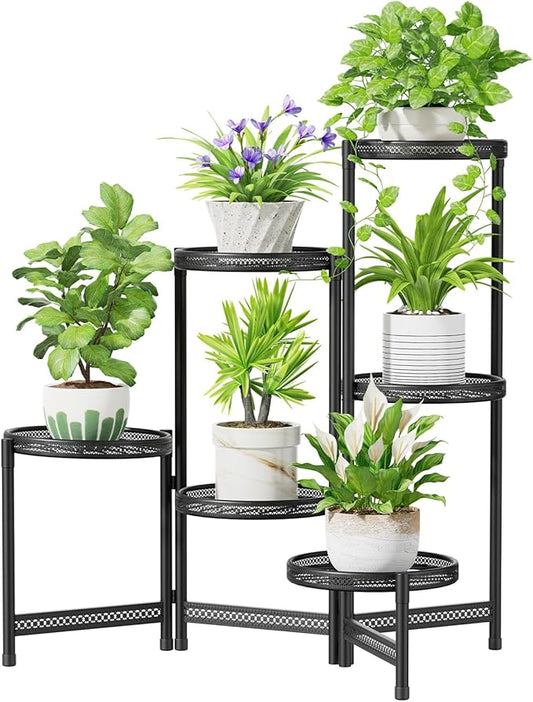 iDavosic.ly 6 Tier Large Plant Stand Indoor with 10-Inch Wide Drainage Tray, Tiered Corner Metal Outdoor Flower Display Holder Shelf, Folding Tall Rack for Patio Porch Balcony, Black Iron Carving-VerdiqueGarden