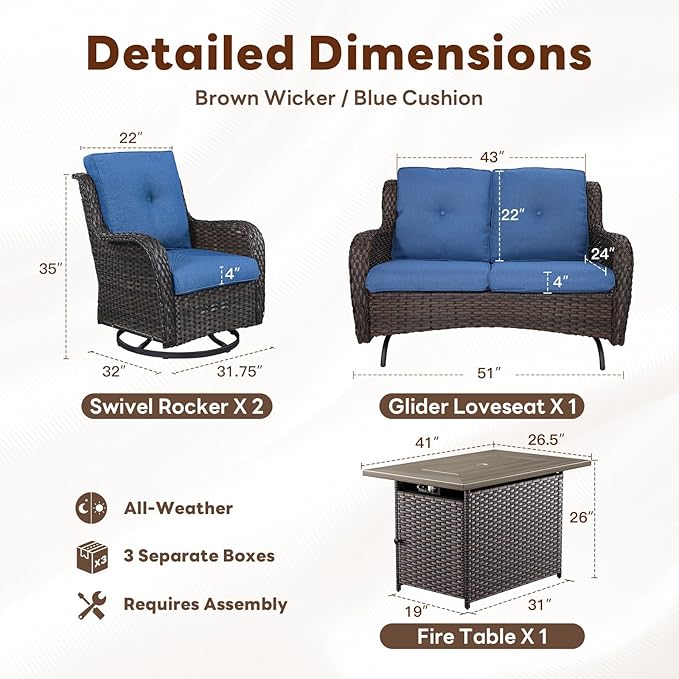 4 Piece Patio Furniture Set with Fire Pit Table - 41inch 50000 BTU Propane Fire Pit Table with High Back Loveseat Glider Chair and 2 Swivel Rocker Chair for Casual Gathering-VerdiqueGarden