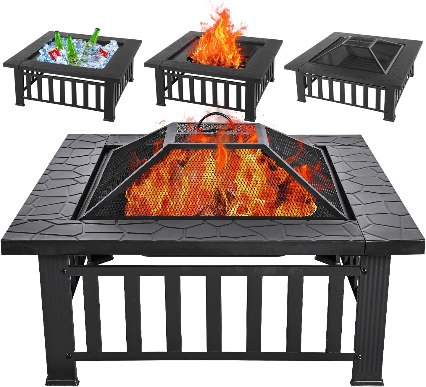 Multifunctional Fire Pit Table 36 inch Square Metal Firepit Stove Backyard Patio Garden Fireplace for Camping, Outdoor Heating, Bonfire and Picnic-VerdiqueGarden