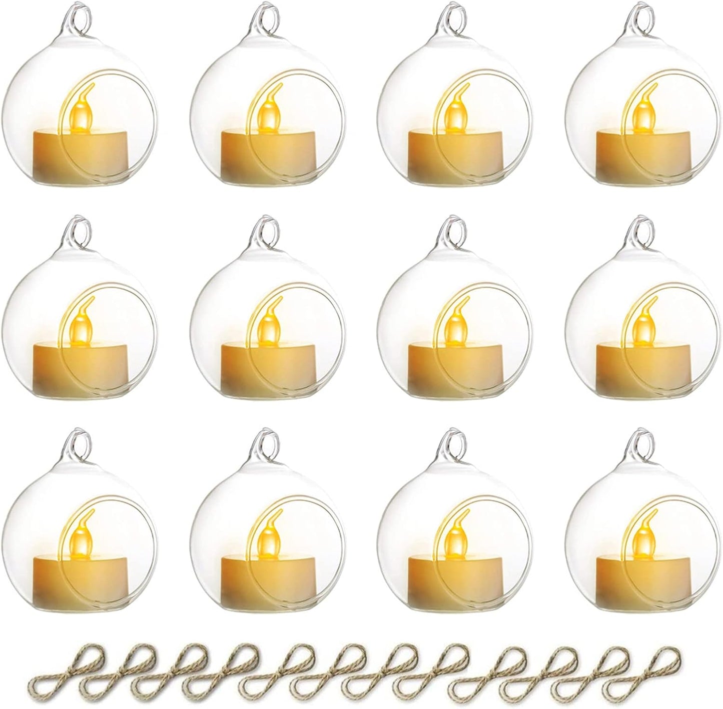NUPTIO Hanging Glass Globe with Candles: Set of 12 Tealight Candle Holders with LED Tea Lights - 2.36 inch Bulk Clear Votive Candleholders for Party Wedding Birthday Shower Celebration Tree Decoration-VerdiqueGarden