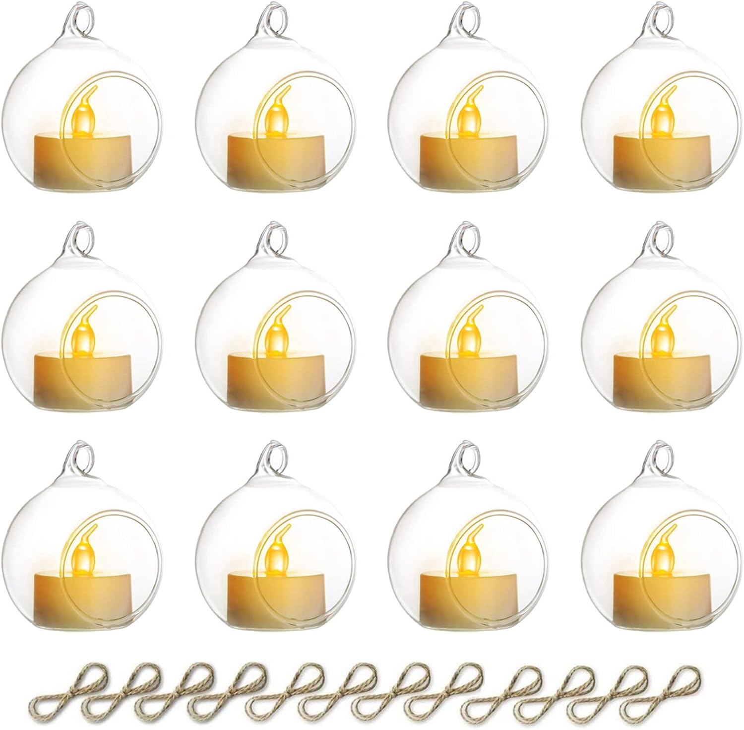 NUPTIO Hanging Glass Globe with Candles: Set of 12 Tealight Candle Holders with LED Tea Lights - 2.36 inch Bulk Clear Votive Candleholders for Party Wedding Birthday Shower Celebration Tree Decoration-VerdiqueGarden