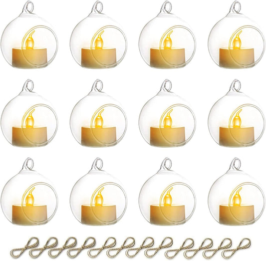 NUPTIO Hanging Glass Globe with Candles: Set of 12 Tealight Candle Holders with LED Tea Lights - 2.36 inch Bulk Clear Votive Candleholders for Party Wedding Birthday Shower Celebration Tree Decoration-VerdiqueGarden