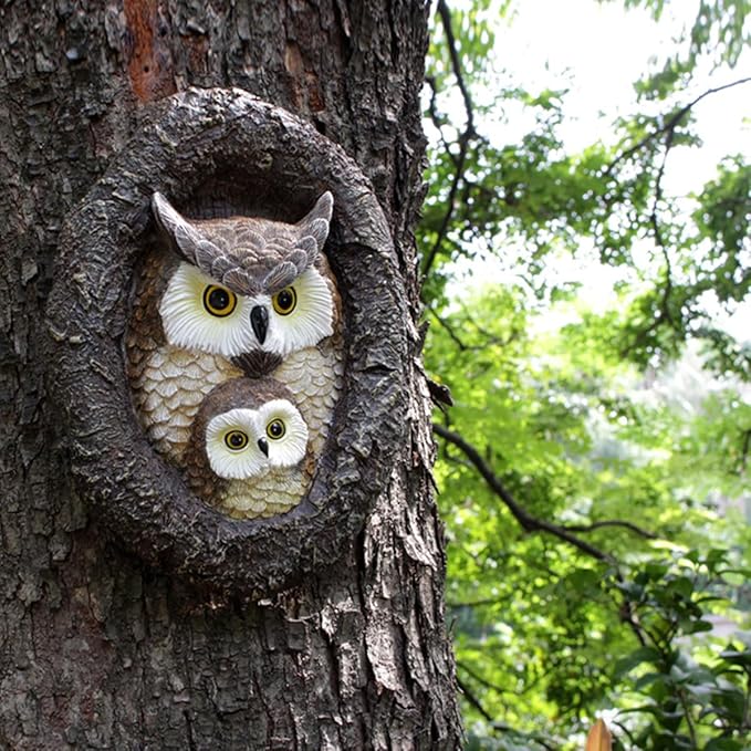 Owl Tree Hugger Whimsical Tree Sculpture Garden Statues Outdoor Tree Face Decor Garden Peeker Yard Art Decorations (Mom and Baby Owl)-VerdiqueGarden