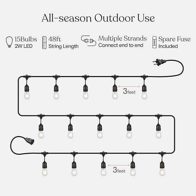 Brightech Ambience Pro - Waterproof LED Outdoor String Lights - 15 Hanging, Dimmable 2W Vintage Edison Bulbs - 48 Ft Commercial Grade Patio Lights Create Cafe Ambience in Your Backyard-VerdiqueGarden