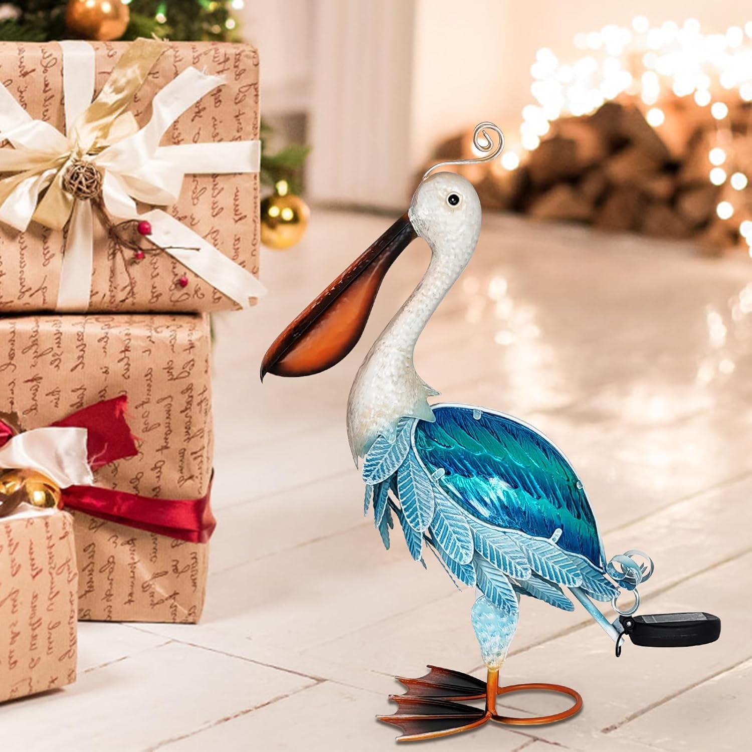 HONGLAND Solar Metal Pelican Statues Garden Sculpture & Statues, 19 Inch Glass Outdoor Pelican Yard Art Coastal Ocean Bird Decor Lawn Ornament for Backyard Porch Patio Decor（Blue）-VerdiqueGarden