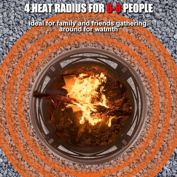 Breezz 26 Inch Wood Burning Fire Pit with Cooking Grill and Spark Screen, Outdoor Metal Round Firepit for Patio, Backyard, Bonfire Party, Camping-VerdiqueGarden