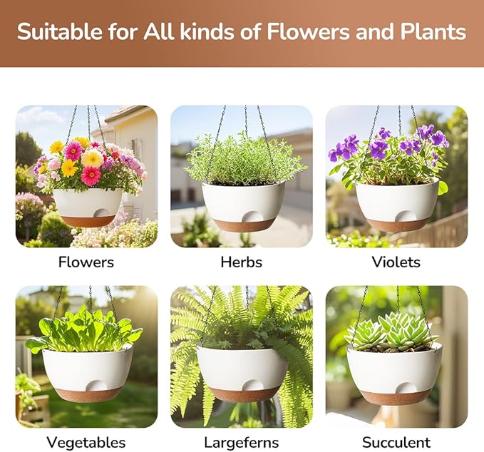 12 Inch Hanging Baskets for Plants Outdoor, Hanging Planters for Indoor Outdoor Plants, Hanging Planter with Self Watering, Hanging Flower Pots (White)-VerdiqueGarden