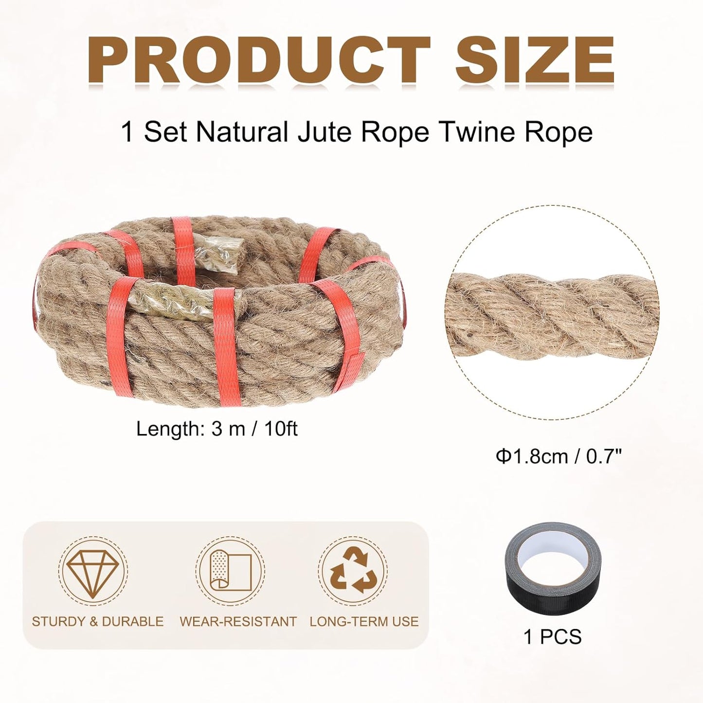 MECCANIXITY Jute Rope 0.7 Inch x 10ft, Thick Twine Rope Ropes Braided Jute Twine Natural Brown Burlap Cord String Heavy Twisted with Tape for Decorative Crafts Railing Swing Tug of War-VerdiqueGarden