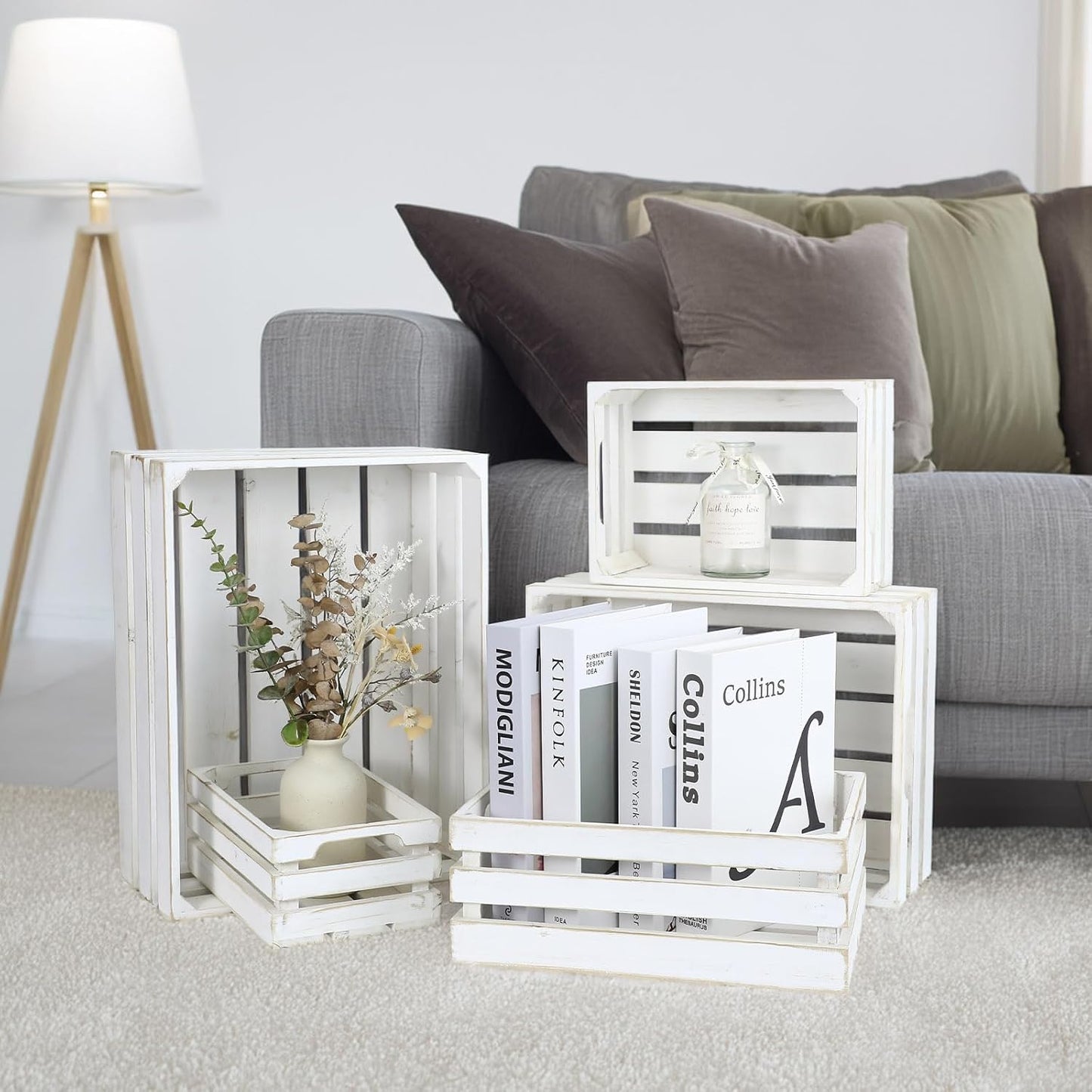 5-Piece Farmhouse Wooden Crate Set - Rustic Wooden Crates for Display and Storage, Large Whitewashed Decorative Crates, Farmhouse Apple Crates, Painted Wood Crates for Decor-VerdiqueGarden